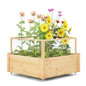 Verhoogd bloembed met omheining plantenbak van hout met 4 zijdige beschermomheining en 9 plantenoppervlakken 107 x 107 x 70 cm 1
