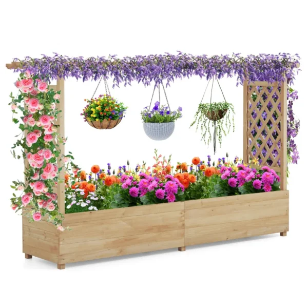 Verhoogd bloembed met rankrooster en hangend dak bloembak voor klimplanten en hangende manden voor binnenplaats tuin naturel 1