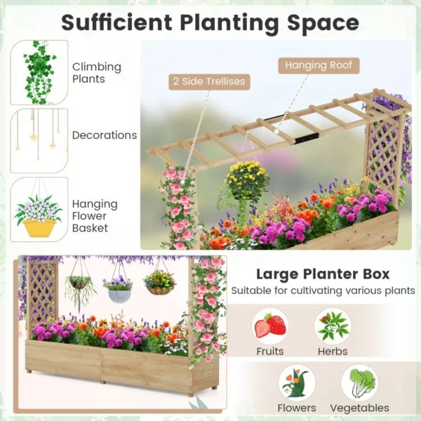 Verhoogd bloembed met rankrooster en hangend dak bloembak voor klimplanten en hangende manden voor binnenplaats tuin naturel 5