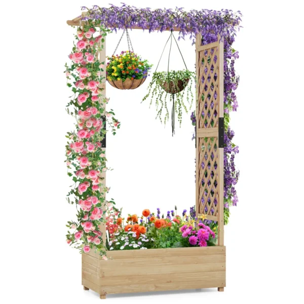 Verhoogd bloembed met rankrooster en hangend dak plantenbak bloembak voor klimplanten en hangende manden voor balkon tuin naturel 2
