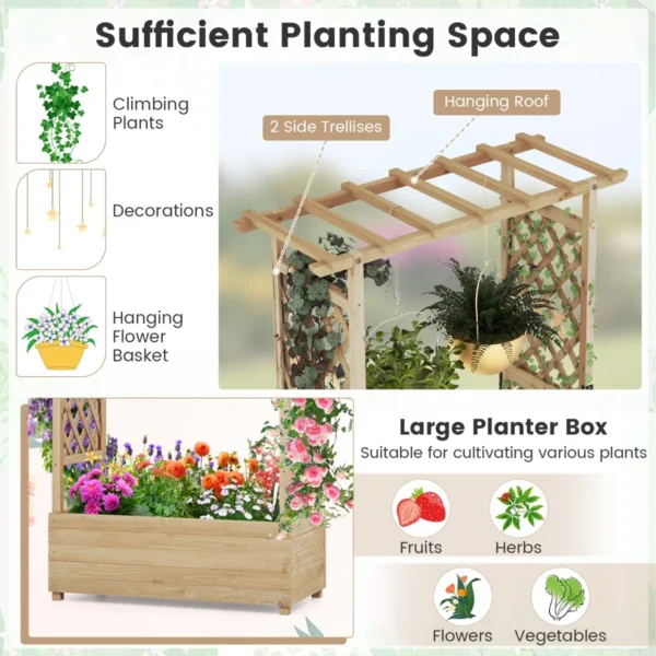 Verhoogd bloembed met rankrooster en hangend dak plantenbak bloembak voor klimplanten en hangende manden voor balkon tuin naturel 5