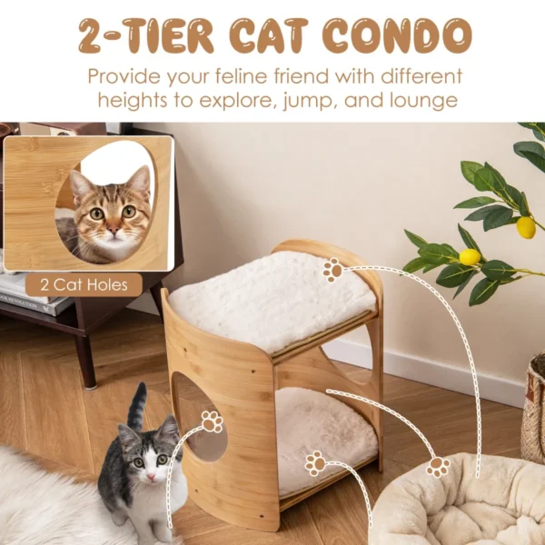 Verhoogd kattenbed schattige kleine kattenboom met 2 niveaus voor binnenkatten met frame van natuurlijk bamboe natuurlijk 5