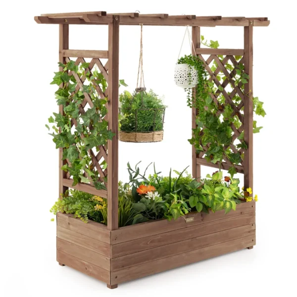 Verhoogd tuinbed met gebogen traliewerk hangend dak plantenbak afvoergaten houten plantenbak voor binnen en buiten bruin 2