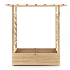 Verhoogd tuinbed met gebogen traliewerk hangend dak plantenbak afvoergaten houten plantenbak voor binnen en buiten naturel 1