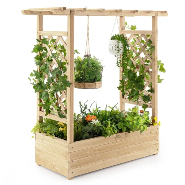 Verhoogd tuinbed met gebogen traliewerk hangend dak plantenbak afvoergaten houten plantenbak voor binnen en buiten naturel 2