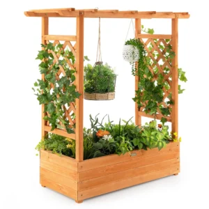 Verhoogd tuinbed met gebogen traliewerk hangend dak plantenbak afvoergaten houten plantenbak voor binnen en buiten oranje 1