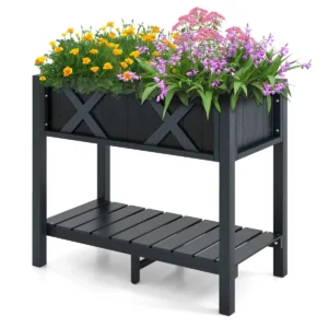 Verhoogde plantenbak in hips tuinbed met opbergplankvoeten drainagegaten waterdichte kweekbak 86 x 45 x 73 cm, zwart 1