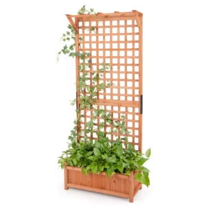 Verhoogde plantenbak met latwerk massief houten binnen en buitenbak met drainagegaten zelfdragend 181 cm hoog voor klimplanten bloemen 1