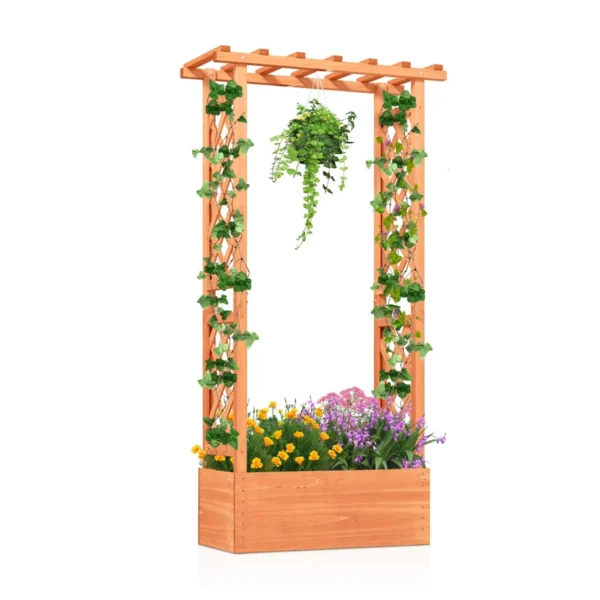 Verhoogde tuin met hekwerk houten plantvak met hangend dak drainagegaten voor klimplanten bloemen groenten plantbed 1