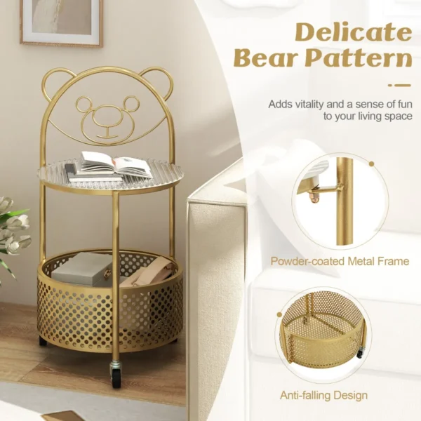 Verplaatsbare glazen salontafel ronde bijzettafel beerontwerp opbergmand metalen frame bijzettafel met vergrendelbare zwenkwielen goud 7