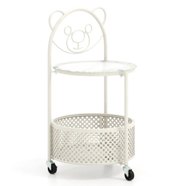 Verplaatsbare glazen salontafel ronde bijzettafel beerontwerp opbergmand metalen frame bijzettafel met vergrendelbare zwenkwielen wit 2