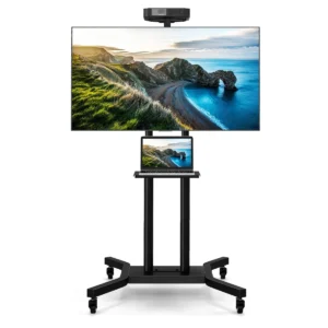 Verrijdbaar tv meubel voor platte en gebogen tv's van 32“ tot 70” tot 50 kg verstelbare tv trolley met wielen 2 planken voor camera en av 1