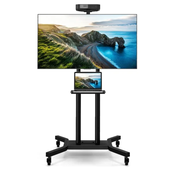 Verrijdbaar tv meubel voor platte en gebogen tv's van 32“ tot 70” tot 50 kg verstelbare tv trolley met wielen 2 planken voor camera en av 1