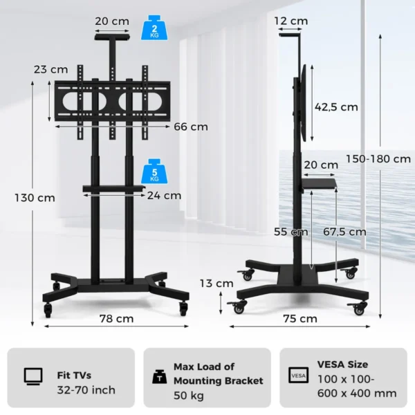 Verrijdbaar tv meubel voor platte en gebogen tv's van 32“ tot 70” tot 50 kg verstelbare tv trolley met wielen 2 planken voor camera en av 3