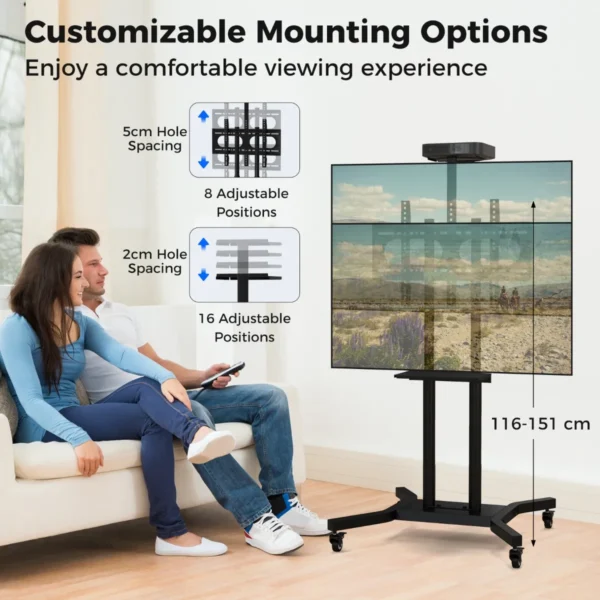 Verrijdbaar tv meubel voor platte en gebogen tv's van 32“ tot 70” tot 50 kg verstelbare tv trolley met wielen 2 planken voor camera en av 4