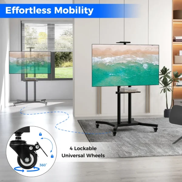 Verrijdbaar tv meubel voor platte en gebogen tv's van 32“ tot 70” tot 50 kg verstelbare tv trolley met wielen 2 planken voor camera en av 7