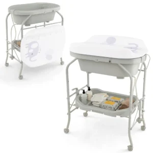 Verschoontafel met bad draagbare babyverschoontafel met pvc kussen badje opberglade opvouwbare verschoontafel grijs 1