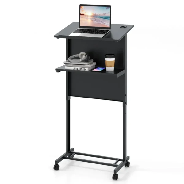 Verstelbaar sta bureau sta zit bureau op wielen mobiel staand bureau met tafelblad & opbergruimte laptoptrolley voor kantoor 2