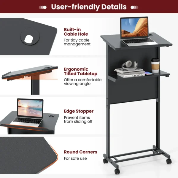 Verstelbaar sta bureau sta zit bureau op wielen mobiel staand bureau met tafelblad & opbergruimte laptoptrolley voor kantoor 7