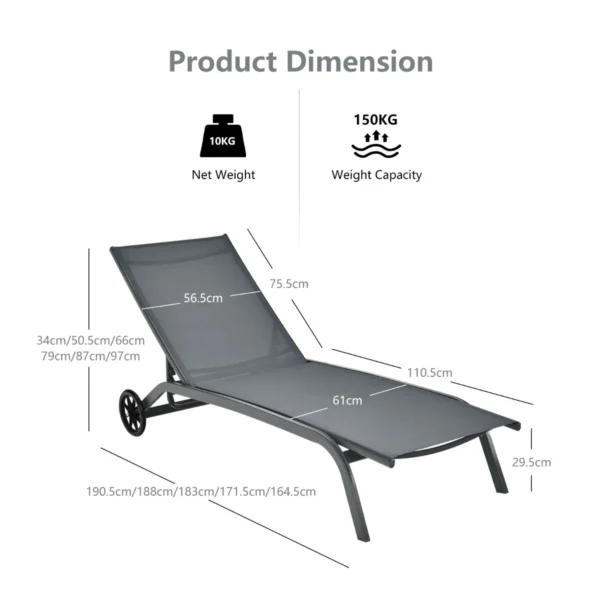 Verstelbare ligstoel patio ligstoel met soepele wielen en sneldrogende stof buiten 6 standen relaxfauteuil voor achtertuin tuin grijs 3