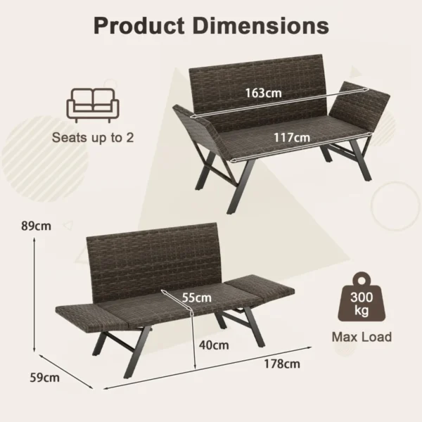 Verstelbare terras loveseat voor 2 personen bekleed met sneldrogend schuim verstelbare armleuningen rieten bank 300 kg draagvermogen 4