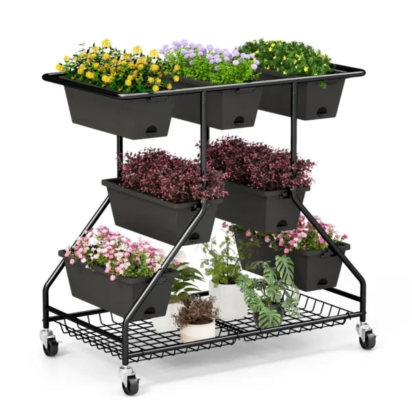 Verticaal verhoogd tuinbed met 7 plantenbakken opbergmanden drainagegaten 4 vergrendelbare wielen 3 laags verhoogd bed 2