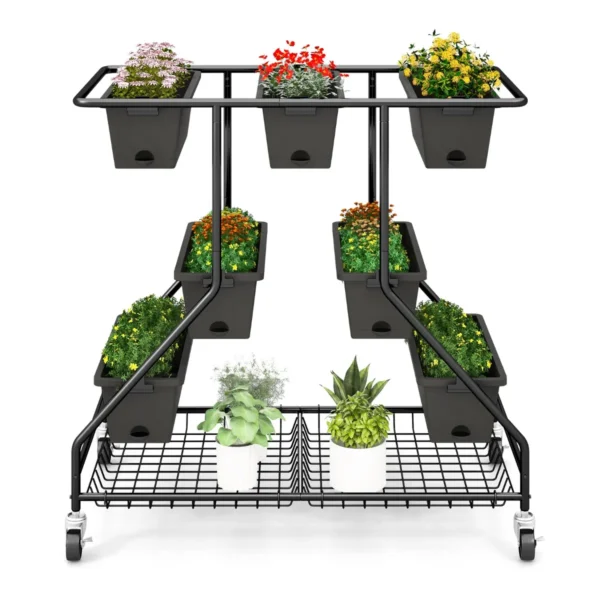 Verticaal verhoogd tuinbed met 7 plantenbakken opbergmanden drainagegaten 4 vergrendelbare wielen 3 laags verhoogd bed 3