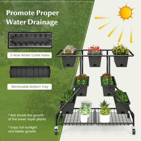 Verticaal verhoogd tuinbed met 7 plantenbakken opbergmanden drainagegaten 4 vergrendelbare wielen 3 laags verhoogd bed 7