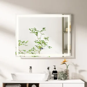Vierkante led wandspiegel met anticondensfunctie waterdichte make upspiegel met 3 kleuren 72 lampjes aanraakscherm 90 x 70 x 4 cm 1