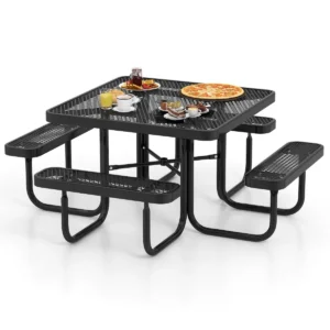 Vierkante picknicktafel set met 4 ingebouwde banken metalen campingtafel met zitplaatsen en gat voor parasol voor zwembadtuin zwart 1