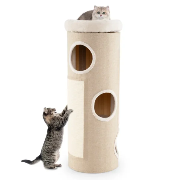 Vierlaags kattenhuis voor meerdere katten tonvormig kattenmeubel met afneembaar pluchen bed sisal krabplank & bamboemat 2