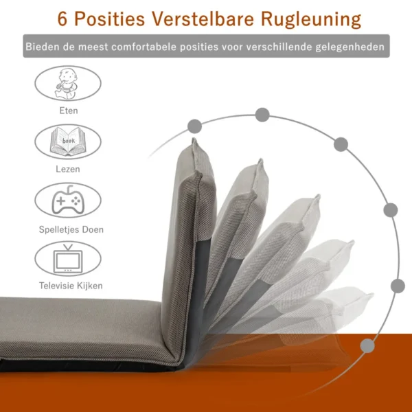 Vloerstoel met 6 traps verstelbare rugleuning gevoerde game stoel vloerbank meditatiestoel stevig metalen frame dikke vulling grijs 5