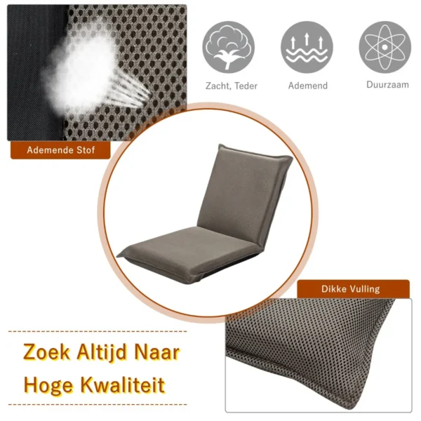 Vloerstoel met 6 traps verstelbare rugleuning gevoerde game stoel vloerbank meditatiestoel stevig metalen frame dikke vulling grijs 6