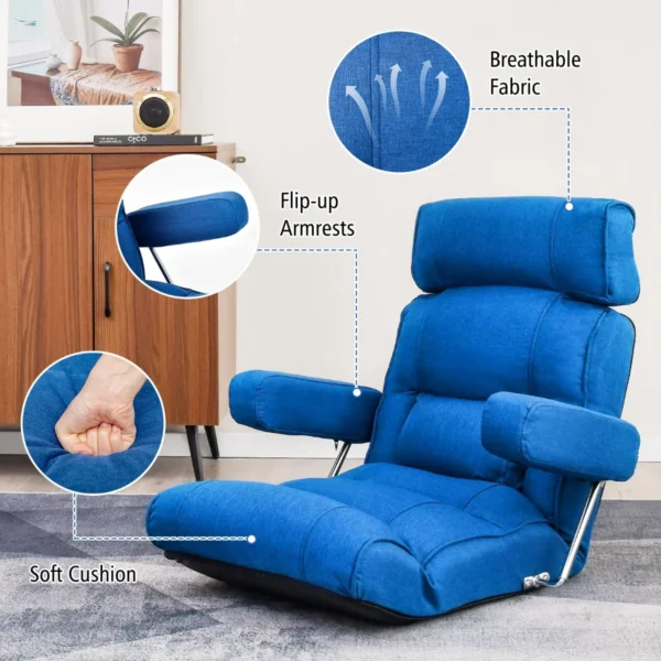 Vloerstoelmet verstelbare rugleuning hoofdsteun lendensteun en opklapbare armleuningen relaxstoel voor lezen gamen blauw 5