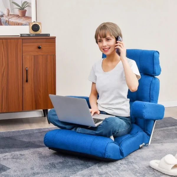 Vloerstoelmet verstelbare rugleuning hoofdsteun lendensteun en opklapbare armleuningen relaxstoel voor lezen gamen blauw 7