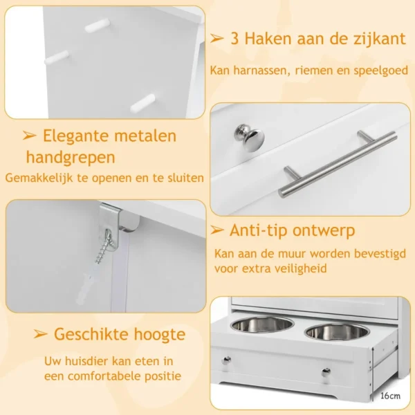Voerstation voor huisdieren met roestvrijstalen voerbak ophanghaak anti kantelbeveiliging voor overheaddeurkast wit 3