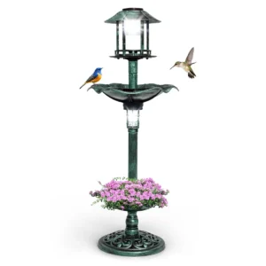Vogelvoederhuisje met solar licht bloempot vogelvoederhuisje retro vogelvoederhuisje met vulbare standaard vogelbad tuin Ø43x110cm (groen) 1