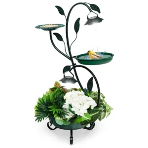 Vogelvoederhuisje op zonne energie 83cm vrijstaand vogelbad en voederhuisje met bloemenhouder en 2 led lampjes decoratief voor tuin 1