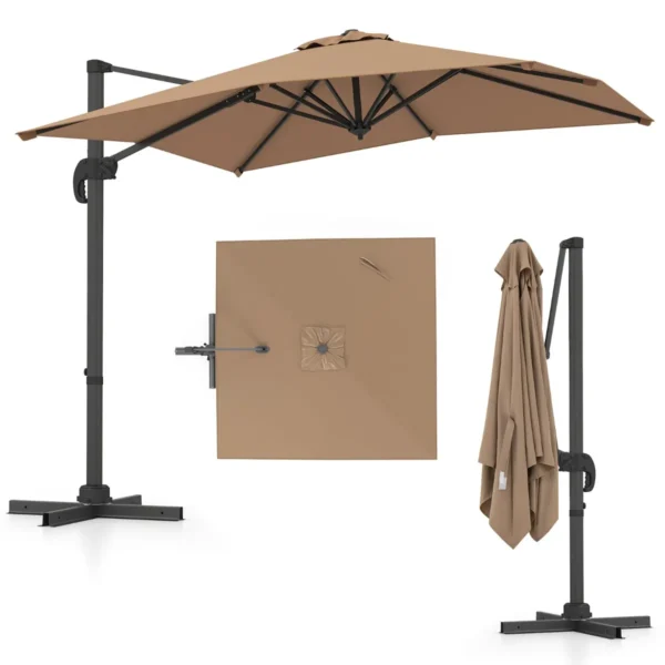 Vrijhangende parasol met kruisvoet 360° draaibare zweefparasol 5 voudig verstelbare helling 8 ribben & zwengel bruin 2