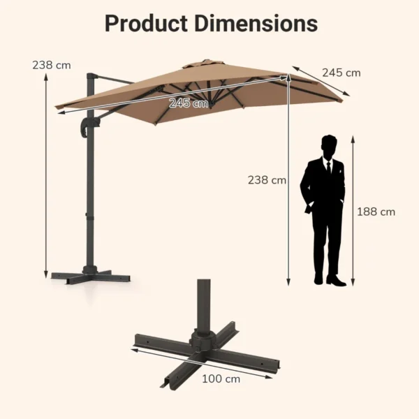 Vrijhangende parasol met kruisvoet 360° draaibare zweefparasol 5 voudig verstelbare helling 8 ribben & zwengel bruin 3