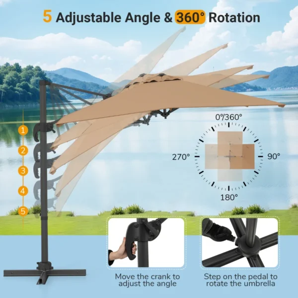 Vrijhangende parasol met kruisvoet 360° draaibare zweefparasol 5 voudig verstelbare helling 8 ribben & zwengel bruin 4