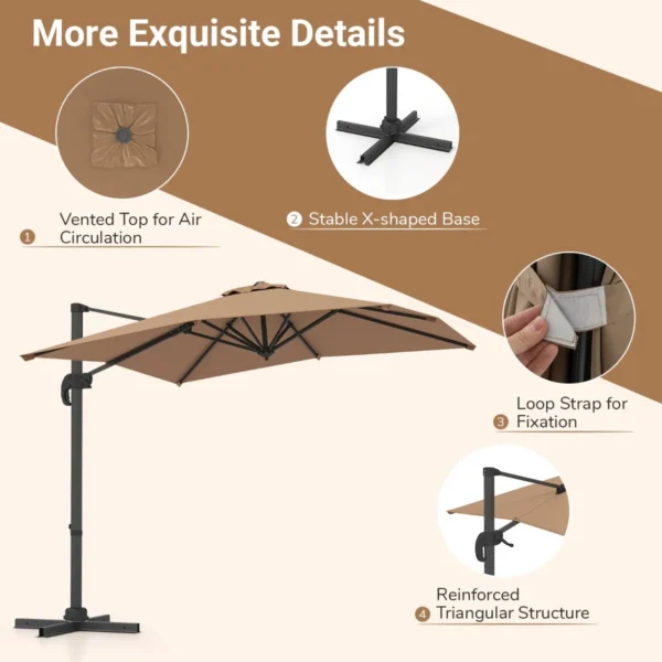 Vrijhangende parasol met kruisvoet 360° draaibare zweefparasol 5 voudig verstelbare helling 8 ribben & zwengel bruin 6