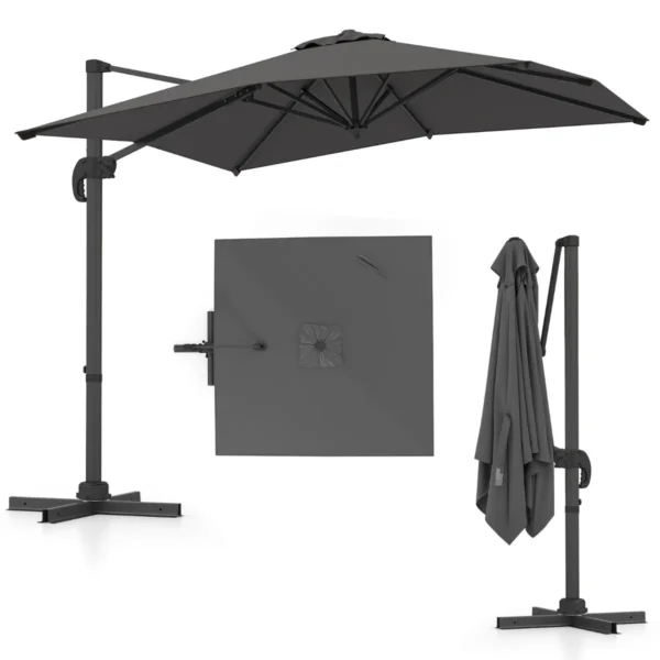 Vrijhangende parasol met kruisvoet 360° draaibare zweefparasol 5 voudig verstelbare helling 8 ribben & zwengel grijs 2