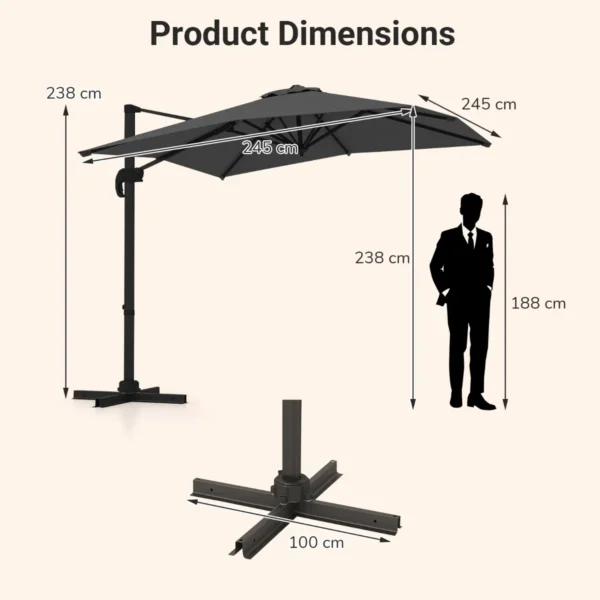 Vrijhangende parasol met kruisvoet 360° draaibare zweefparasol 5 voudig verstelbare helling 8 ribben & zwengel grijs 3