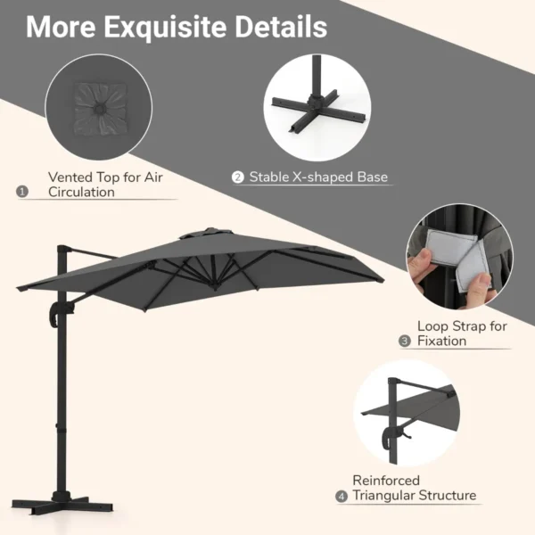 Vrijhangende parasol met kruisvoet 360° draaibare zweefparasol 5 voudig verstelbare helling 8 ribben & zwengel grijs 6