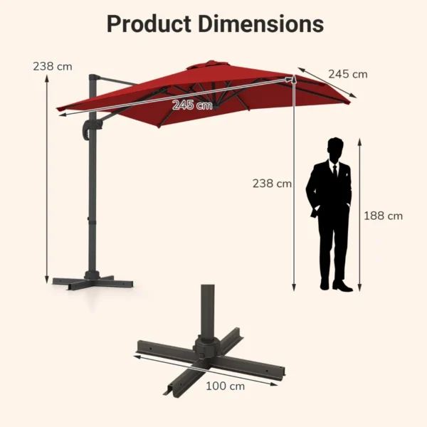 Vrijhangende parasol met kruisvoet 360° draaibare zweefparasol 5 voudig verstelbare helling 8 ribben & zwengel rood 3