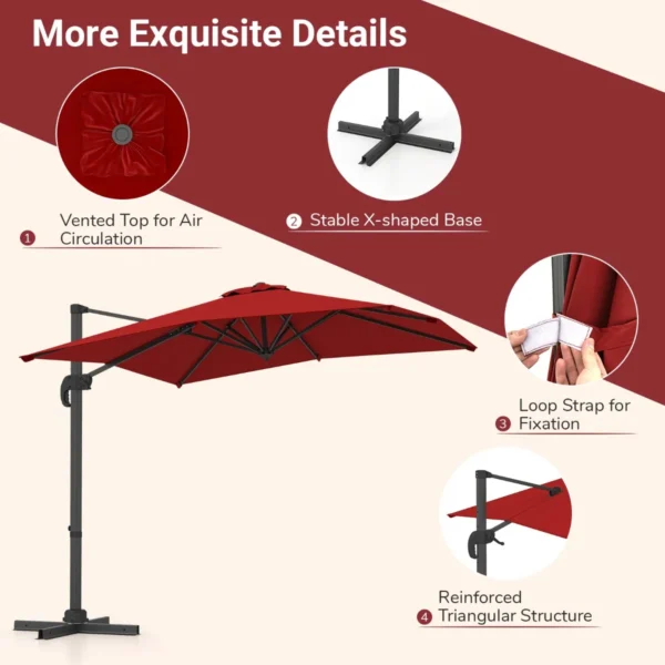 Vrijhangende parasol met kruisvoet 360° draaibare zweefparasol 5 voudig verstelbare helling 8 ribben & zwengel rood 6