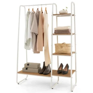 Vrijstaand kledingrek met 5 houten planken en stang om kleding op te hangen moderne draagbare garderobe voor slaapkamer woonkamer 1