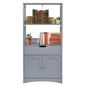 Vrijstaande badkamerkast hoge kast voor badkamer met 2 deuren en 3 open planken en laden moderne multifunctionele kast (grijs) 1