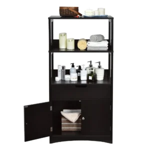 Vrijstaande badkamerkast hoge kast voor badkamer met 2 deuren en 3 open planken en laden moderne multifunctionele kast (zwart) 1